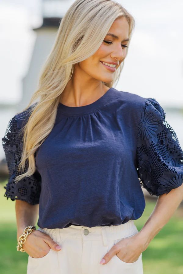 Show Your True Colors Navy Blue Lace Sleeve Blouse