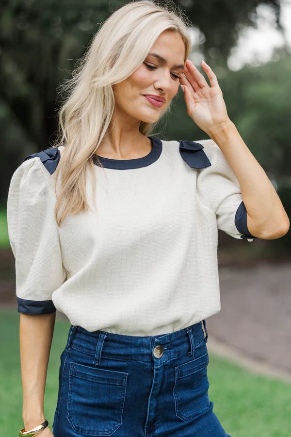 Just Take Notes Cream Tweed Blouse