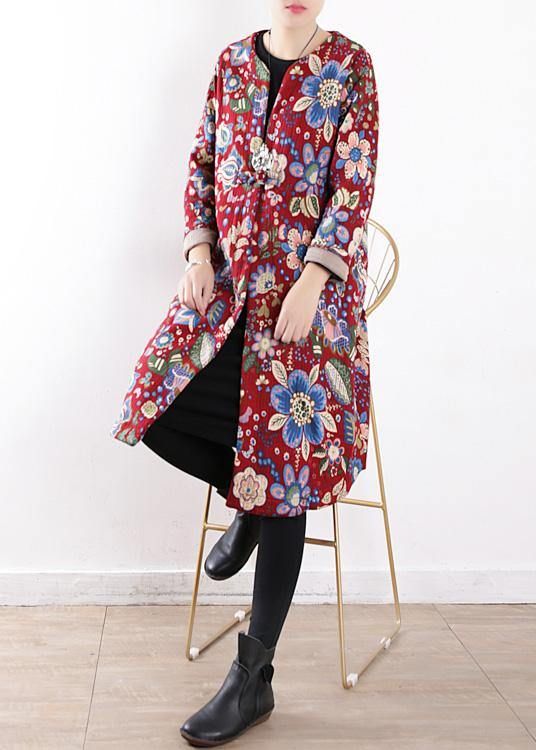 Casual plus size snow jackets v neck winter outwear red prints warm casual outfit