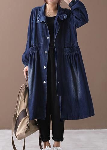 Chic denim blue Fine tunic pattern Sewing stand collar Cinched jackets Chic denim blue Fine tunic pattern Sewing stand collar Cinched jackets