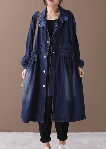 Chic denim blue Fine tunic pattern Sewing stand collar Cinched jackets Chic denim blue Fine tunic pattern Sewing stand collar Cinched jackets