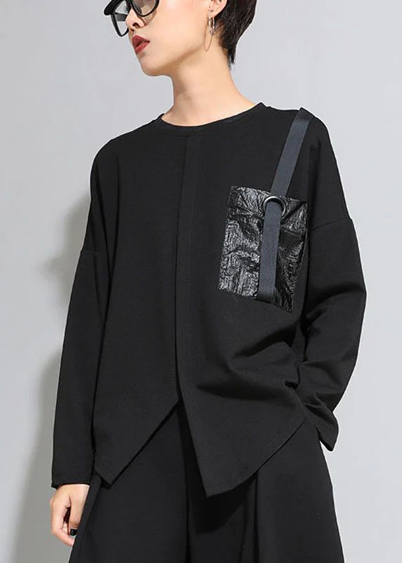 French Black O-Neck Pockets Asymmetrical Casual Fall Long sleeve Tops French Black O-Neck Pockets Asymmetrical Casual Fall Long sleeve Tops