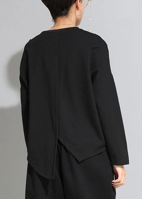 French Black O-Neck Pockets Asymmetrical Casual Fall Long sleeve Tops French Black O-Neck Pockets Asymmetrical Casual Fall Long sleeve Tops