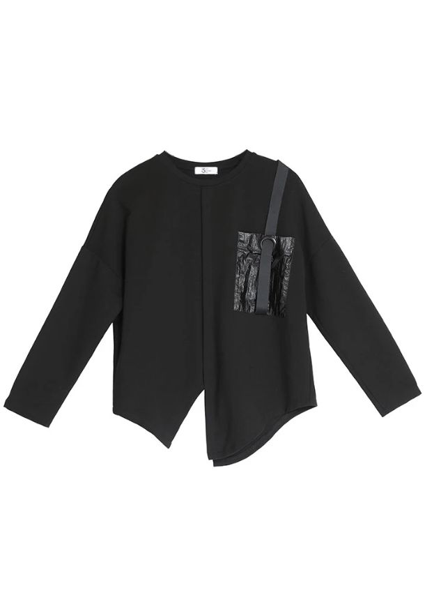 French Black O-Neck Pockets Asymmetrical Casual Fall Long sleeve Tops French Black O-Neck Pockets Asymmetrical Casual Fall Long sleeve Tops