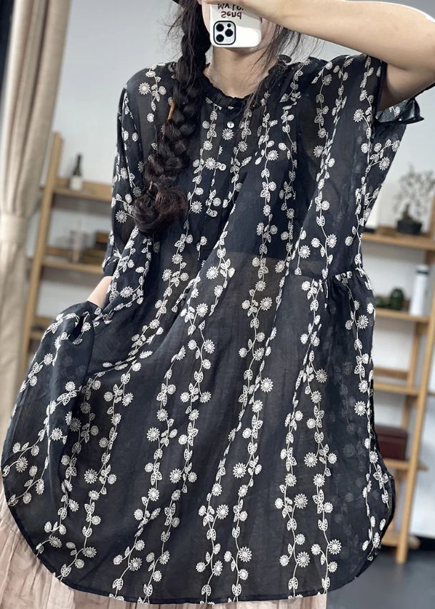 Plus Size Black Stand Collar side open Print Shirt Top Short Sleeve Plus Size Black Stand Collar side open Print Shirt Top Short Sleeve