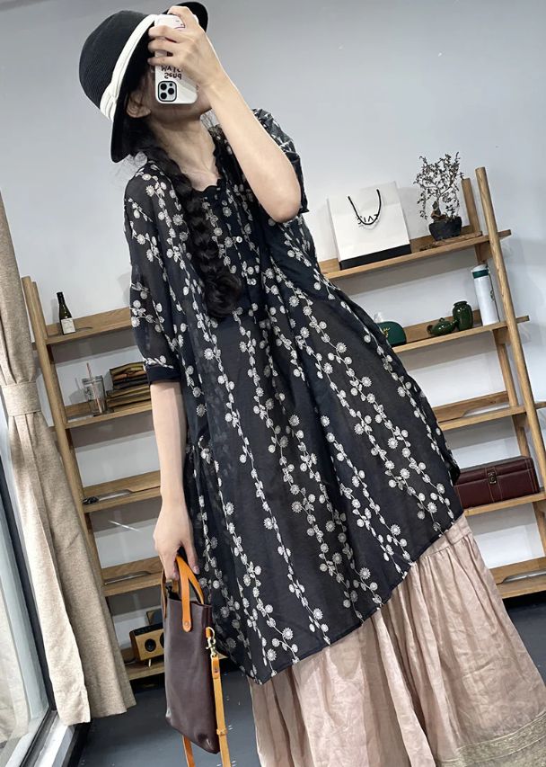 Plus Size Black Stand Collar side open Print Shirt Top Short Sleeve Plus Size Black Stand Collar side open Print Shirt Top Short Sleeve