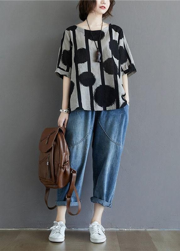 Water Ink Polka Dot Stripe Printed Cotton Linen T-shirt Water Ink Polka Dot Stripe Printed Cotton Linen T-shirt