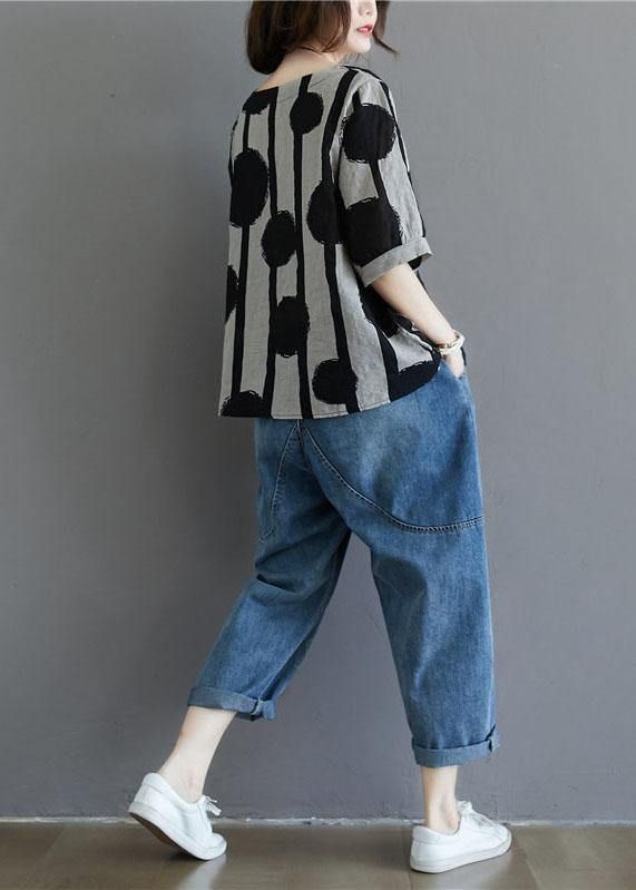 Water Ink Polka Dot Stripe Printed Cotton Linen T-shirt Water Ink Polka Dot Stripe Printed Cotton Linen T-shirt