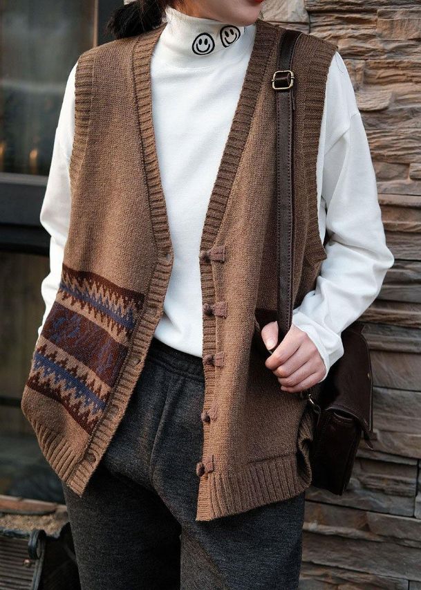 Women Chocolate V Neck Button Fall Pockets Sleeveless Waistcoat