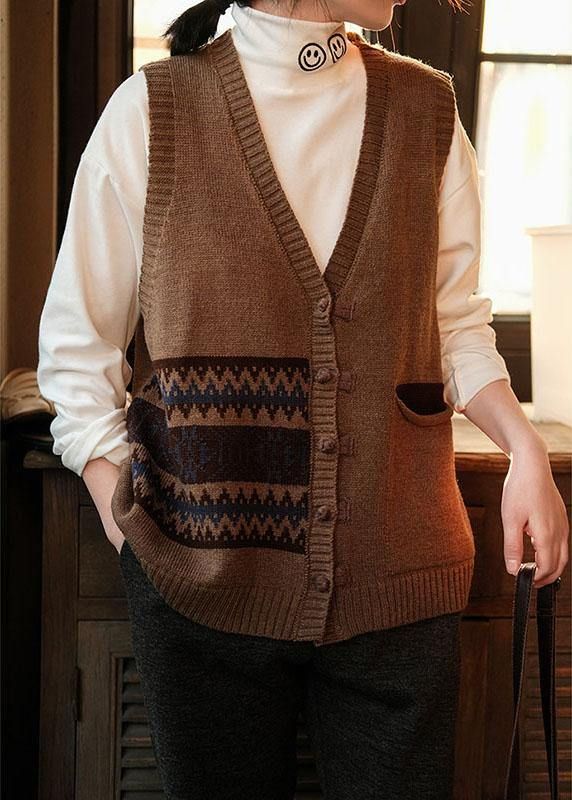 Women Chocolate V Neck Button Fall Pockets Sleeveless Waistcoat Women Chocolate V Neck Button Fall Pockets Sleeveless Waistcoat