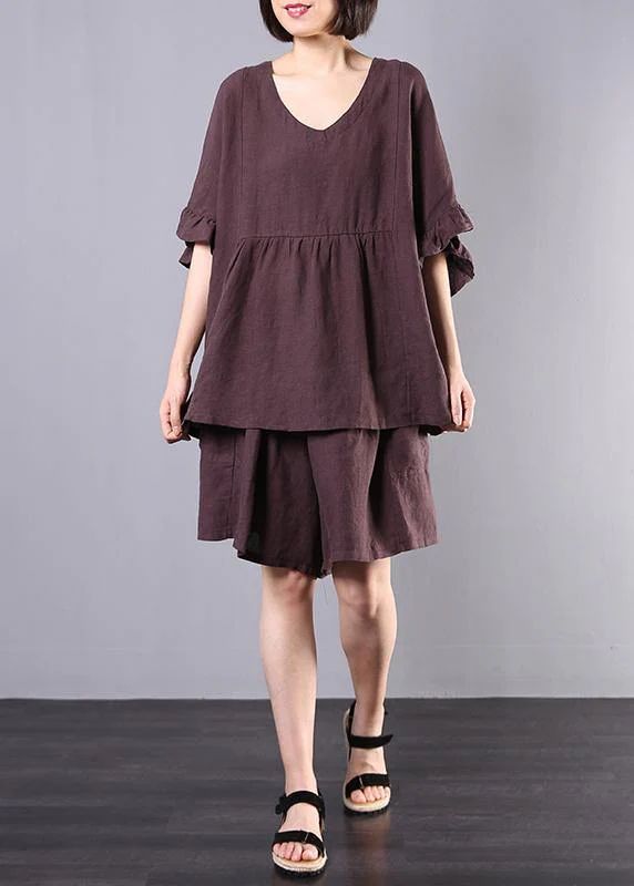chocolate cotton linen v neck ruffles tops and women casual shorts two pieces chocolate cotton linen v neck ruffles tops and women casual shorts two pieces