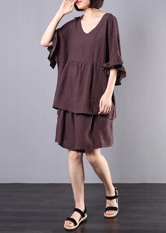 chocolate cotton linen v neck ruffles tops and women casual shorts two pieces chocolate cotton linen v neck ruffles tops and women casual shorts two pieces
