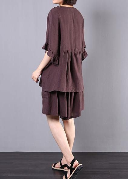chocolate cotton linen v neck ruffles tops and women casual shorts two pieces chocolate cotton linen v neck ruffles tops and women casual shorts two pieces