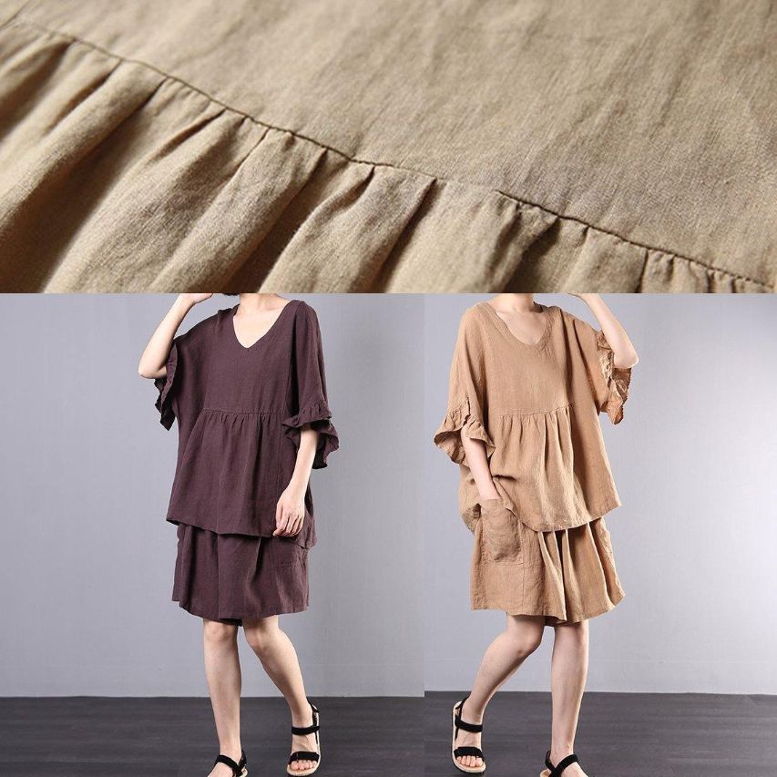 chocolate cotton linen v neck ruffles tops and women casual shorts two pieces chocolate cotton linen v neck ruffles tops and women casual shorts two pieces